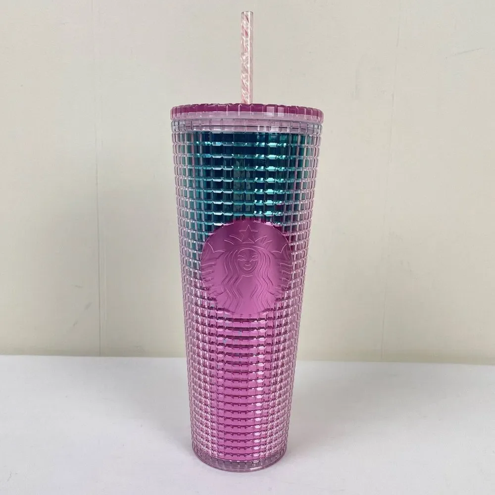Starbucks 2021‎ Pink Teal Grid Cup Tumbler 24 oz